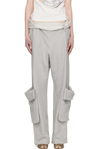 Gray Rolled Waist Sweat Cargo Pants by OPEN YY on Sale