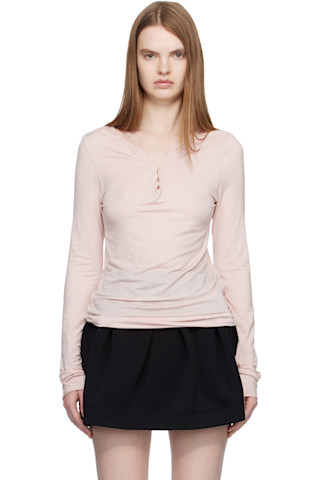 Pink Hook Long Sleeve Henley by OPEN YY on Sale