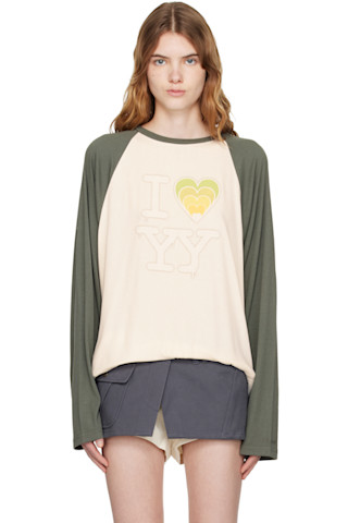OPEN YY I LOVE YY ラグラン 長袖 Tシャツ ホワイト グリーン OPEN YYのホワイト＆グリーン 'I LOVE YY' ラグランTシャツがセール中