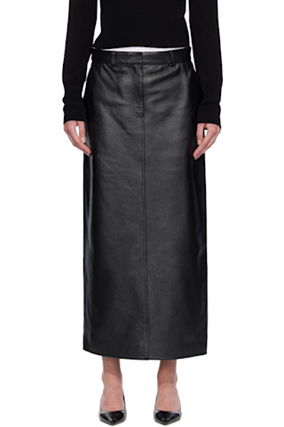 Black Grained-Leather Straight Midi Skirt