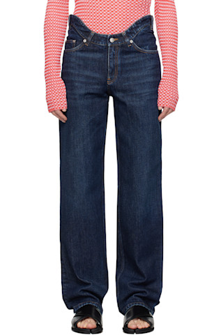 [定価11万] Jean Paul Gaultierトロンプルイユワイドジーンズ Jean Paul Gaultier: Blue 'The Curved Denim' Jeans | SSENSE UK