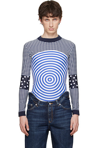 Jeanpaul Gaultier デニムプリント長袖スキン Jean Paul Gaultier: Navy & White 'The Vichy & Target' Top | SSENSE