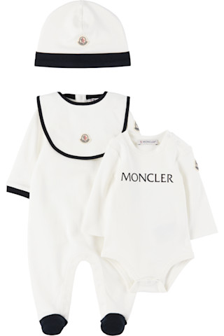 Moncler Enfant ベビー｜ホワイト＆ネイビー ロゴ ロンパース セット