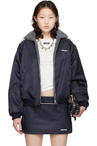 Miu Miu: Navy & Gray Technical Gazar & Fleece Reversible Bomber