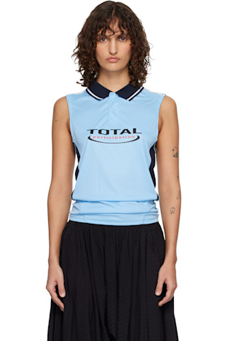 Martine Rose: Blue Shrunken Stretch Football Vest Tank Top