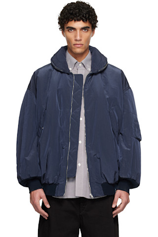 HED MAYNER ネイビー ボンバージャケット Hed Mayner: ネイビー クリンクル ボンバージャケット | SSENSE 日本