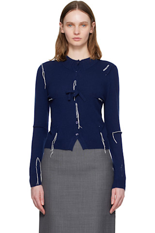 Navy Pin-Tuck & Threadwork Knit Sweater by SHUSHU/TONG on Sale
