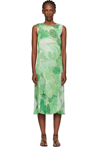 PLEATS PLEASE ISSEY MIYAKE: Green Foggy Forest Maxi Dress | SSENSE