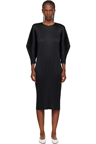 PLEATS PLEASE ISSEY MIYAKE: Black Skyline Midi Dress | SSENSE