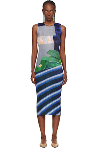 PLEATS PLEASE ISSEY MIYAKE: Gray & Navy City Collage Midi Dress