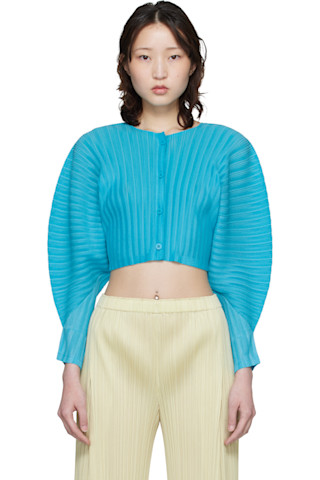 PLEATS PLEASE ISSEY MIYAKE: Blue Rib Pleats January Cardigan | SSENSE