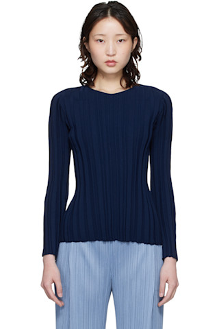 PLEATS PLEASE ISSEY MIYAKE: Navy Rib Knit Top | SSENSE