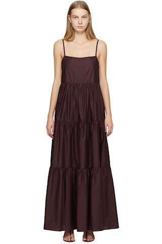 Burgundy Tiered Low Back Maxi Dress by Matteau on Sale