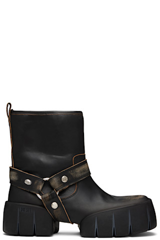 Diesel: ブラック D-Tex ディストレスレザー バイカーブーツ | SSENSE 日本