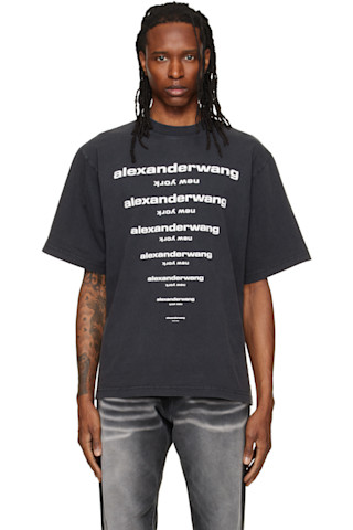 Alexander Wang: ブラック Gradient Logo 半袖Tシャツ | SSENSE 日本