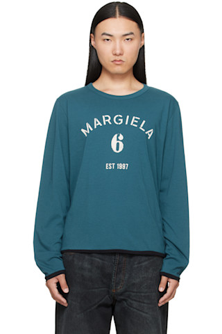 MM6 Maison Margiela: Blue Long-Sleeved Reversible T-shirt | SSENSE