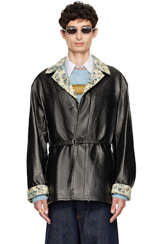 Dries Van Noten: Black Coated Belted Jacket | SSENSE