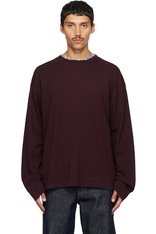 Dries Van Noten: Burgundy Long Sleeve Cotton T-shirt | SSENSE