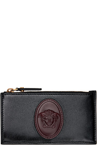Versace: Black & Brown Roomy Leather Zip Card Holder | SSENSE