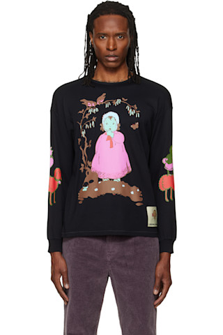 CHOPOVA LOWENA フリルカラー Tシャツワンピース Chopova Lowena: Black Woodland Baby Oversized Jersey T-shirt