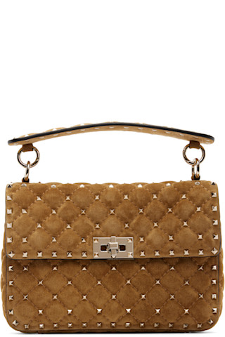 Valentino Garavani: Tan Rockstud Spike Medium Suede Bag | SSENSE