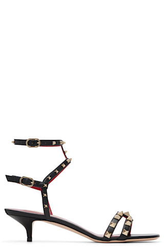 VALENTINO レザーサンダル 37 Valentino Garavani: ブラック Rockstud ヒールサンダル | SSENSE 日本