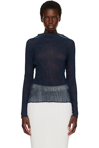 ISSEY MIYAKE: Navy Chiffon Twist 1 Top | SSENSE