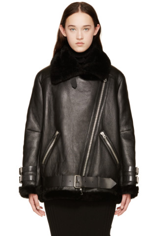 Acne Studios: Black Shearling Velocite Biker Jacket | SSENSE