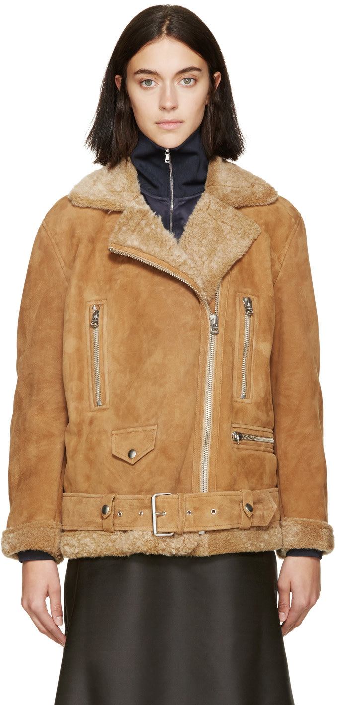 Acne Studios Tan Suede & Shearling Biker Jacket