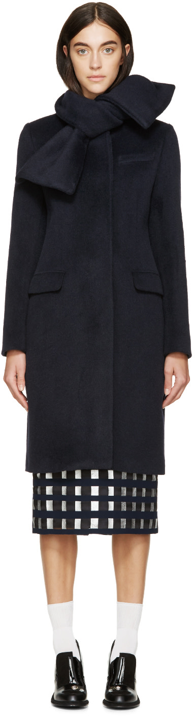 MSGM Navy Alpaca Neck Tie Coat 