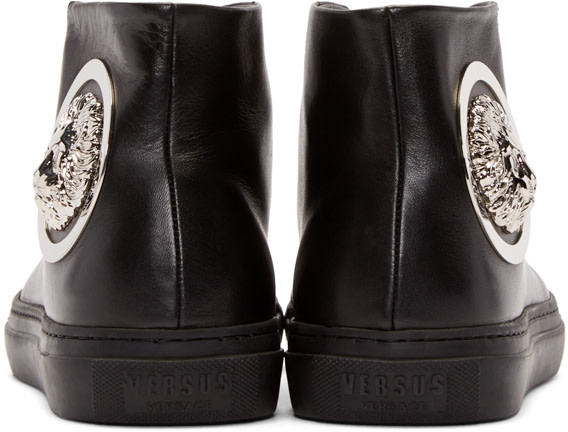 Versus Black Leather Lion Head High-Top Sneakers