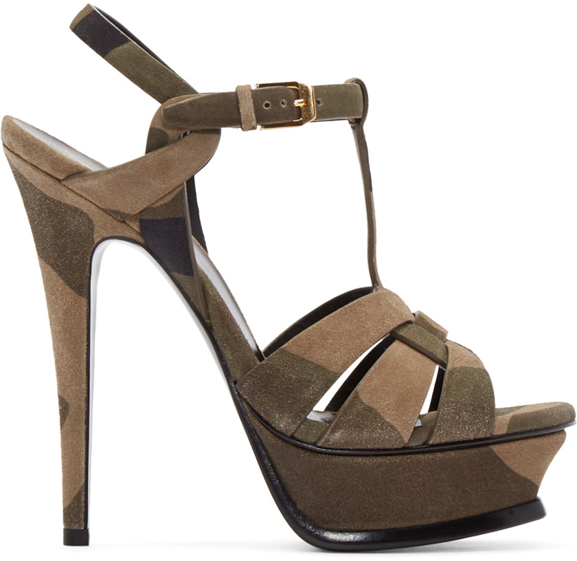 Saint Laurent Tan Camo Platform Tribute Heels