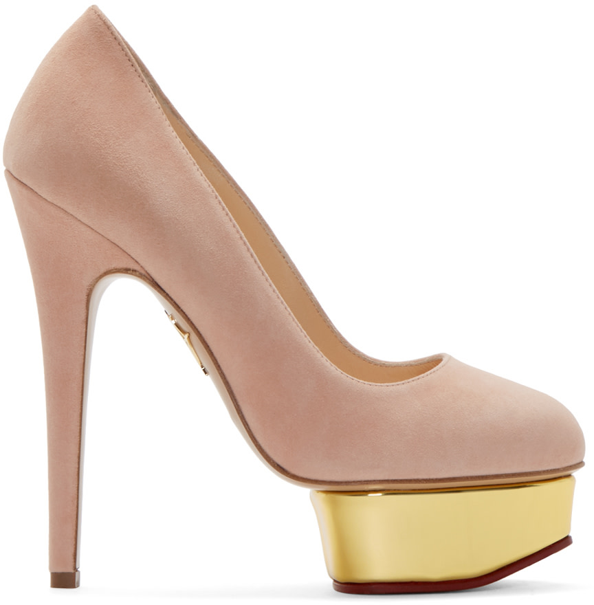 Charlotte Olympia: Blush Suede Platform Dolly Pumps | SSENSE