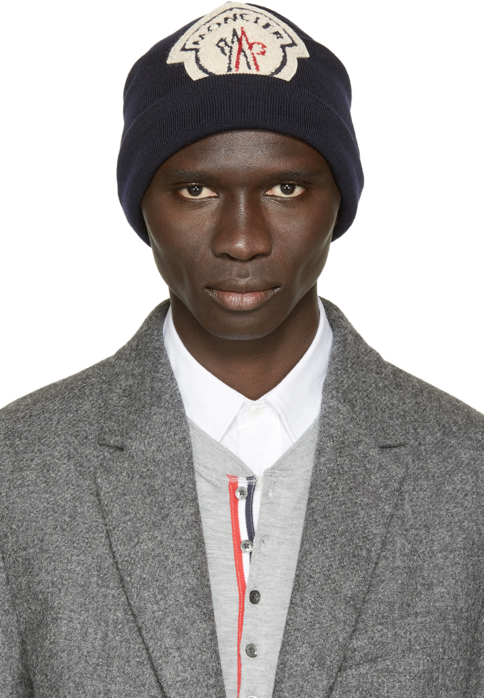 Moncler A: Navy Logo Knit Beanie | SSENSE