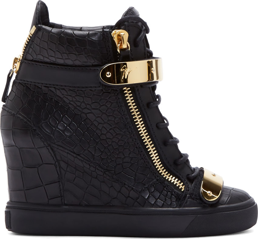 Giuseppe Zanotti: Black Leather Croc-Embossed Lorenz Wedge Sneakers ...
