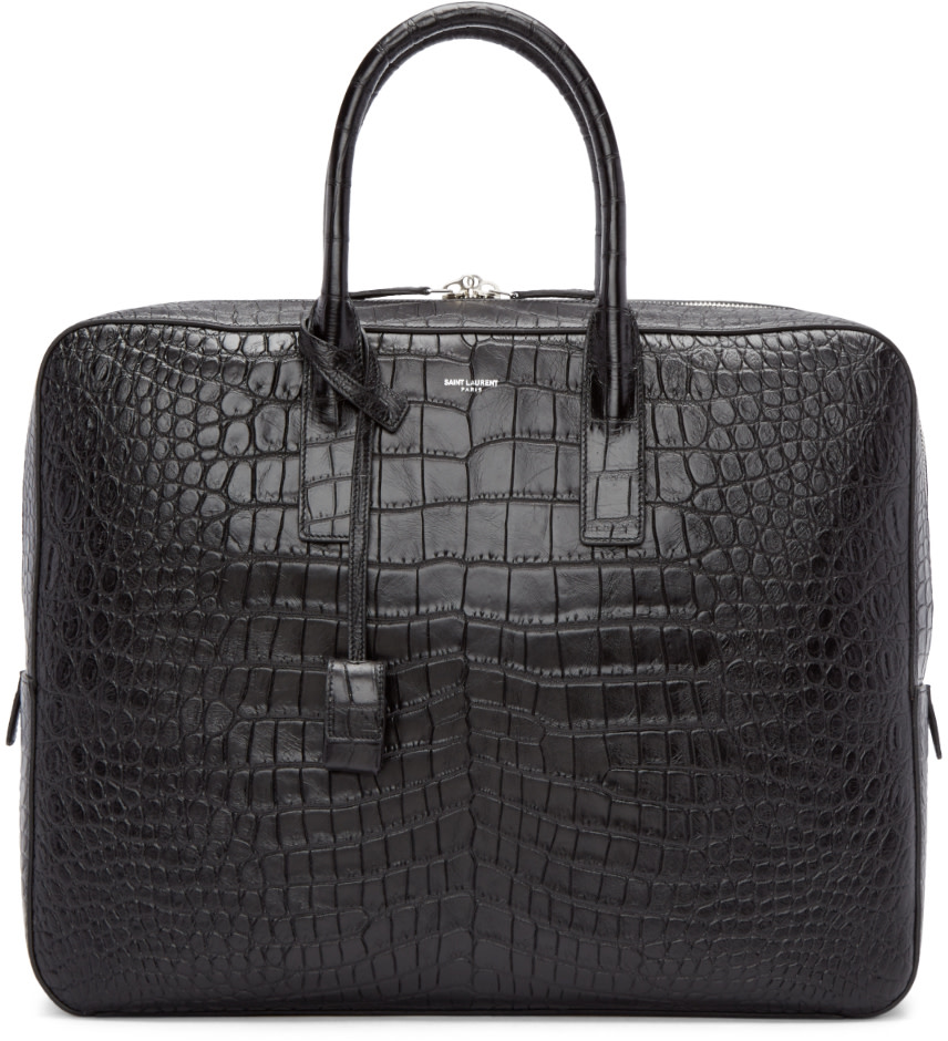Saint Laurent Black CrocEmbossed Briefcase SSENSE