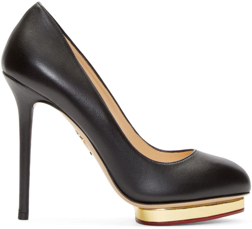 CHARLOTTE OLYMPIA Black & Gold Leather Dotty Pumps