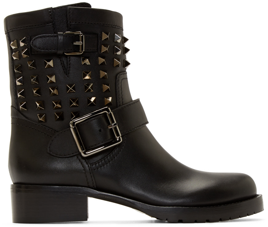 Valentino: Black Rockstud Biker Boots | SSENSE