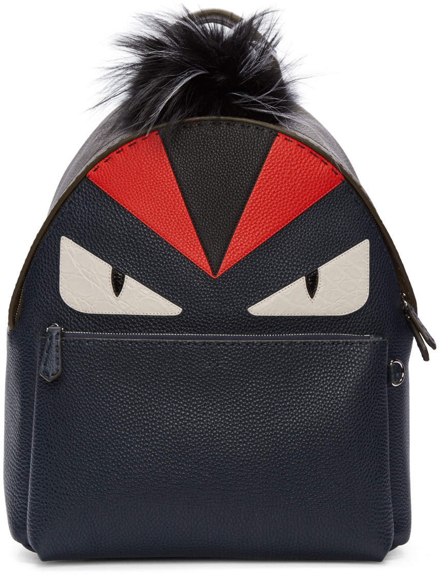 Fendi: Navy Fur-Trimmed Monster Backpack | SSENSE