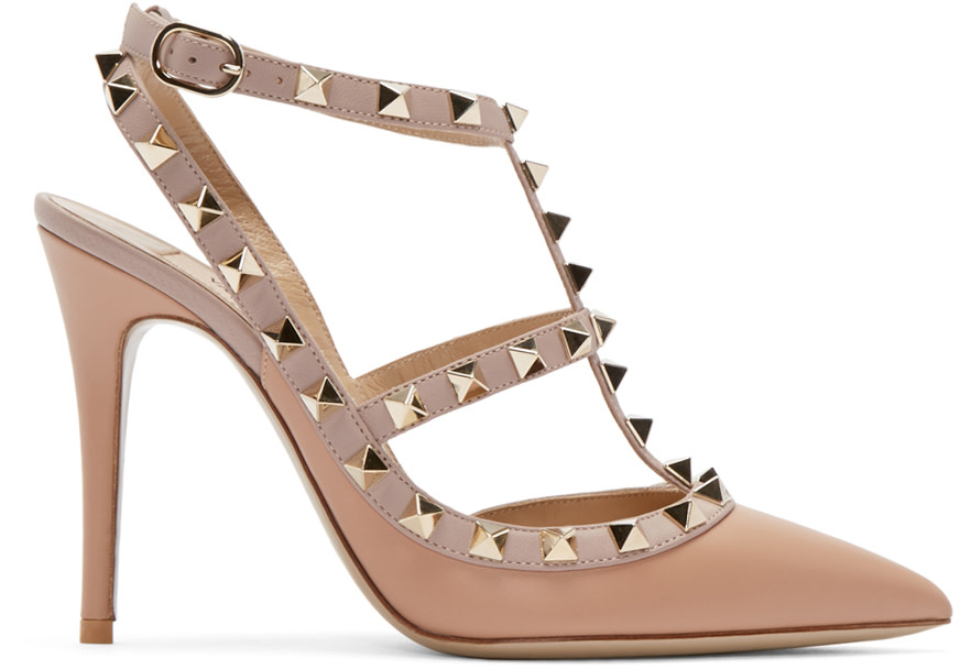 Valentino: Beige Rockstud Cage Heels | SSENSE