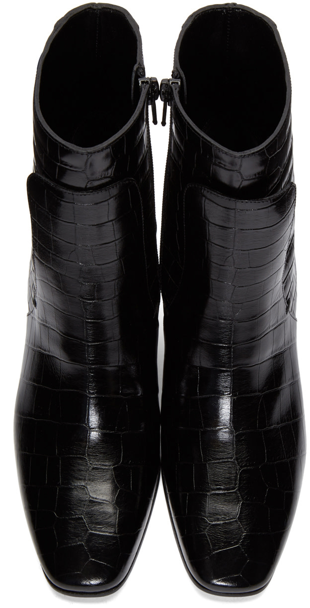 latch croc embossed block heel boot