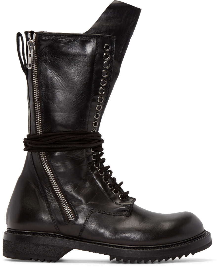 Rick Owens: Black Leather Lace-Up Army Boots | SSENSE