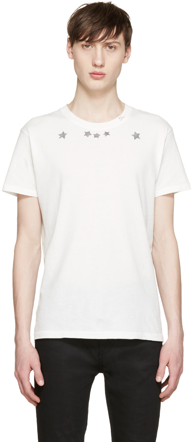 Saint Laurent: White Stars & Logo T-Shirt | SSENSE