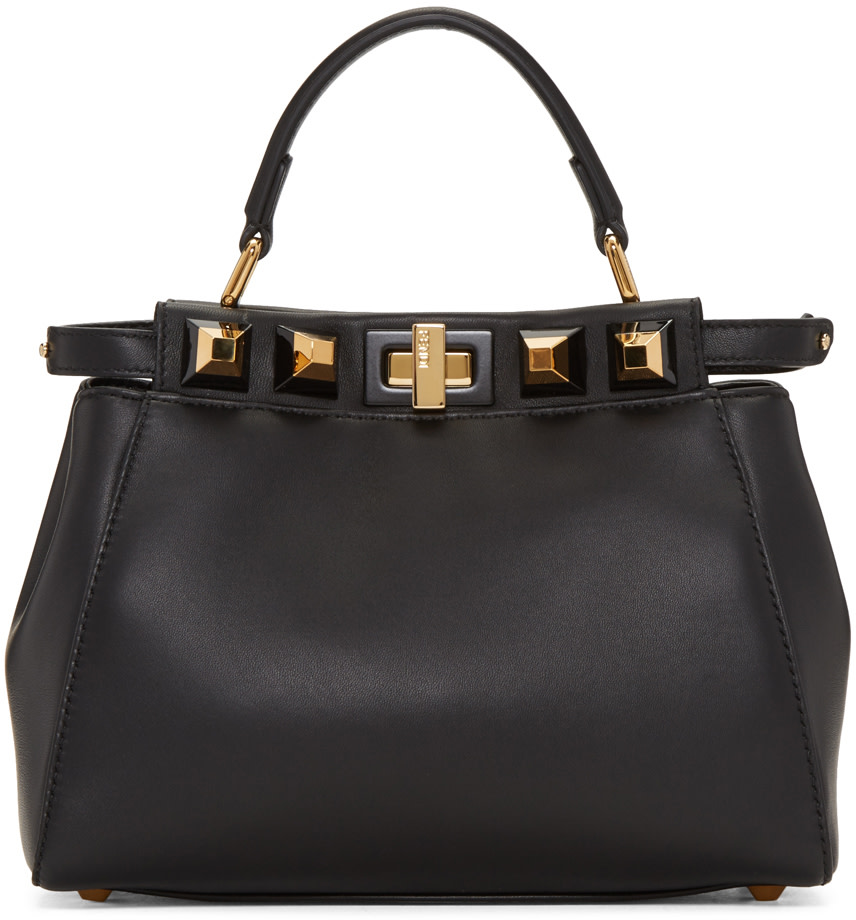 FENDI Peekaboo Mini Studded Leather Satchel Bag, Black/Gold in Black ...