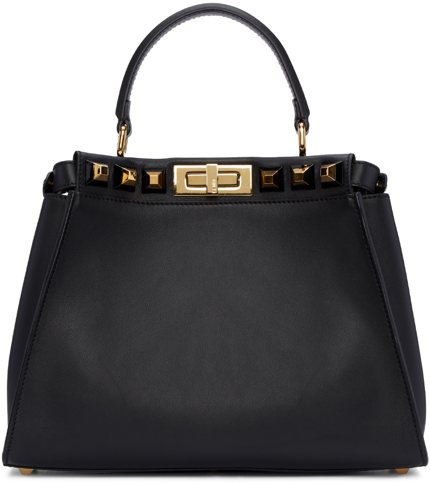 FENDI Peekaboo Mini Studded Leather Satchel Bag, Black/Gold in Black ...