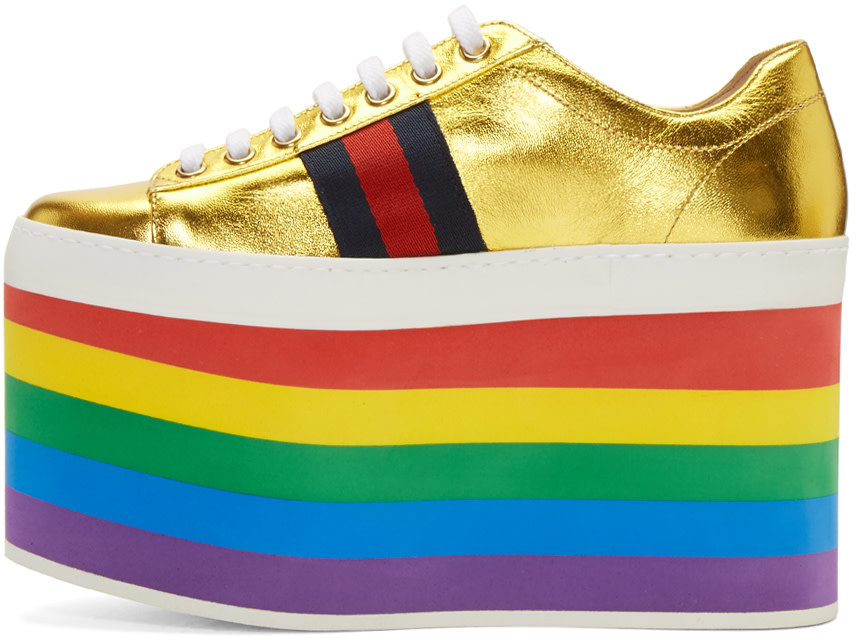 GUCCI Peggy Metallic Leather Rainbow Platform Sneakers in Gold | ModeSens