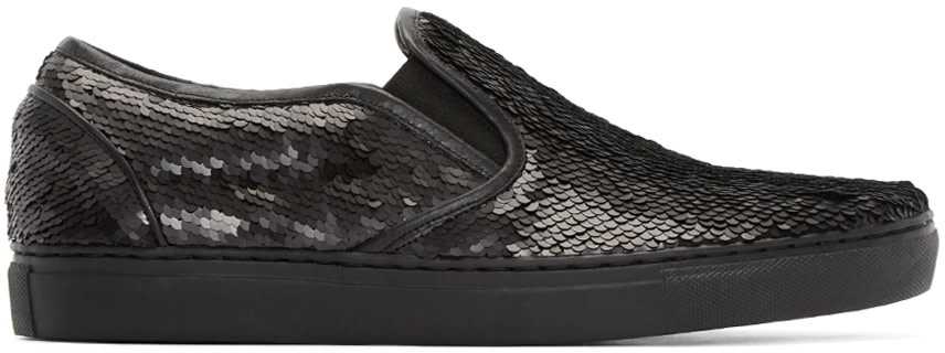 Juun.J: Black Sequin Slip-On Sneakers | SSENSE