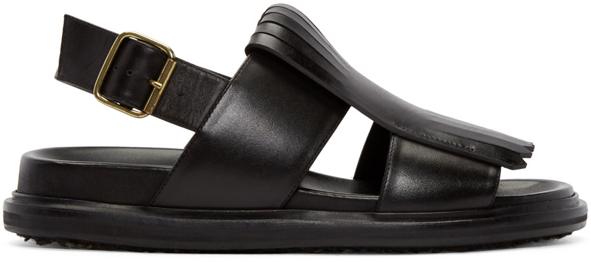 Marni: Black Leather Fringed Sandals | SSENSE