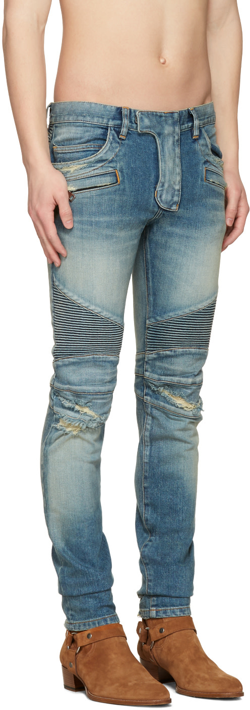 Balmain: Blue Distressed Biker Rib Jeans | SSENSE