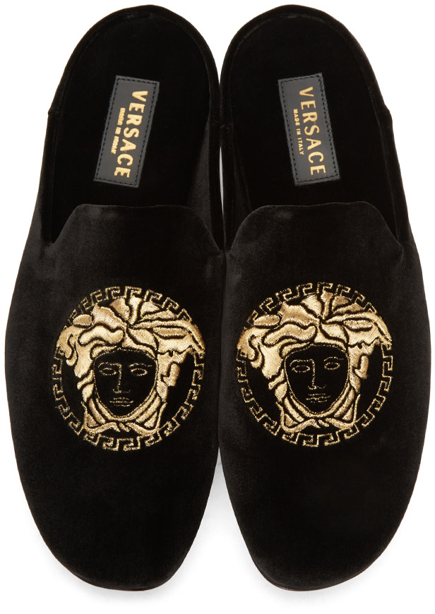 VERSACE Black Velvet Medusa Slip-On Loafers in Black/Gold | ModeSens